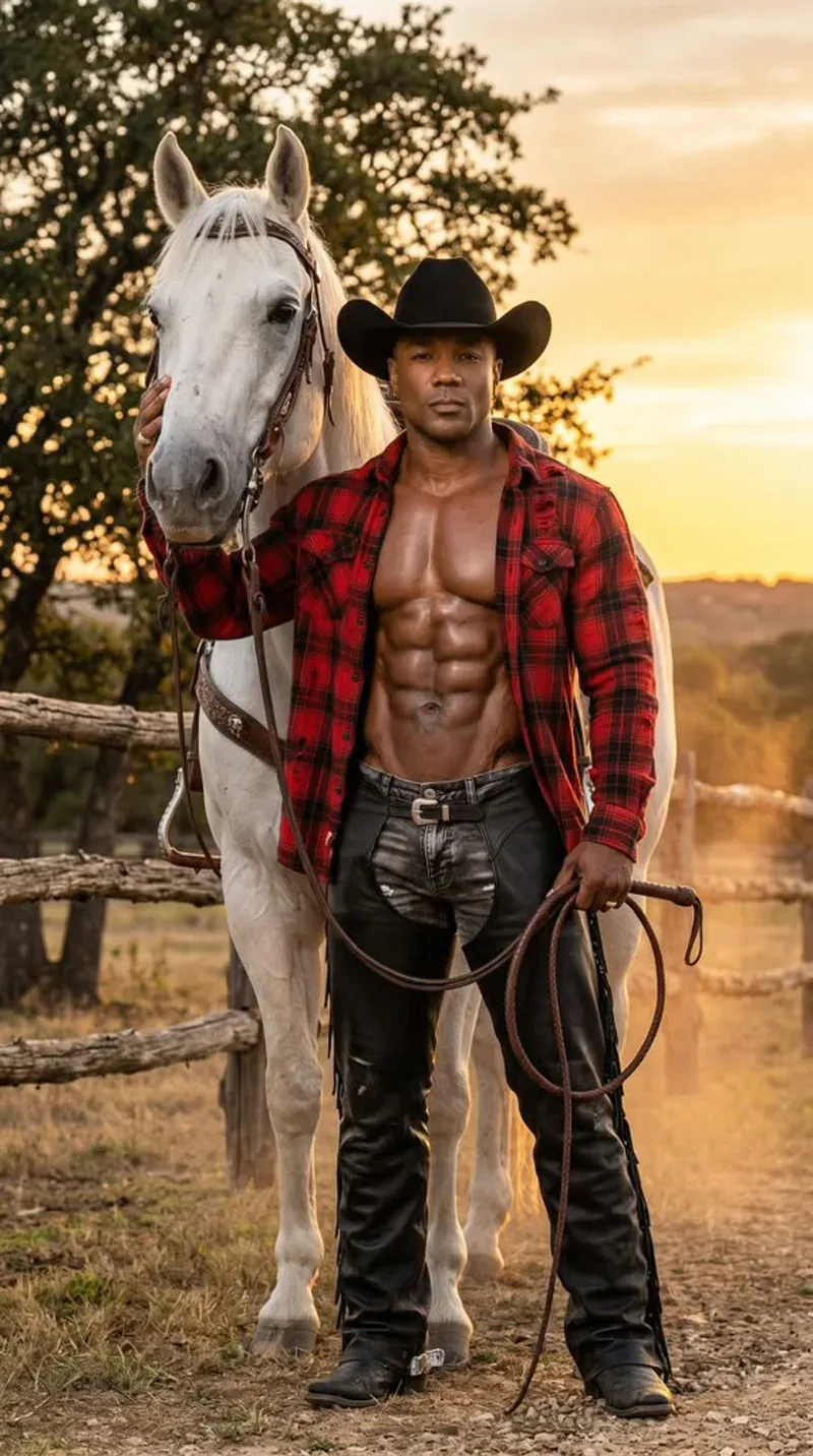 Texas Shyboy con sombrero vaquero junto a su caballo al atardecer