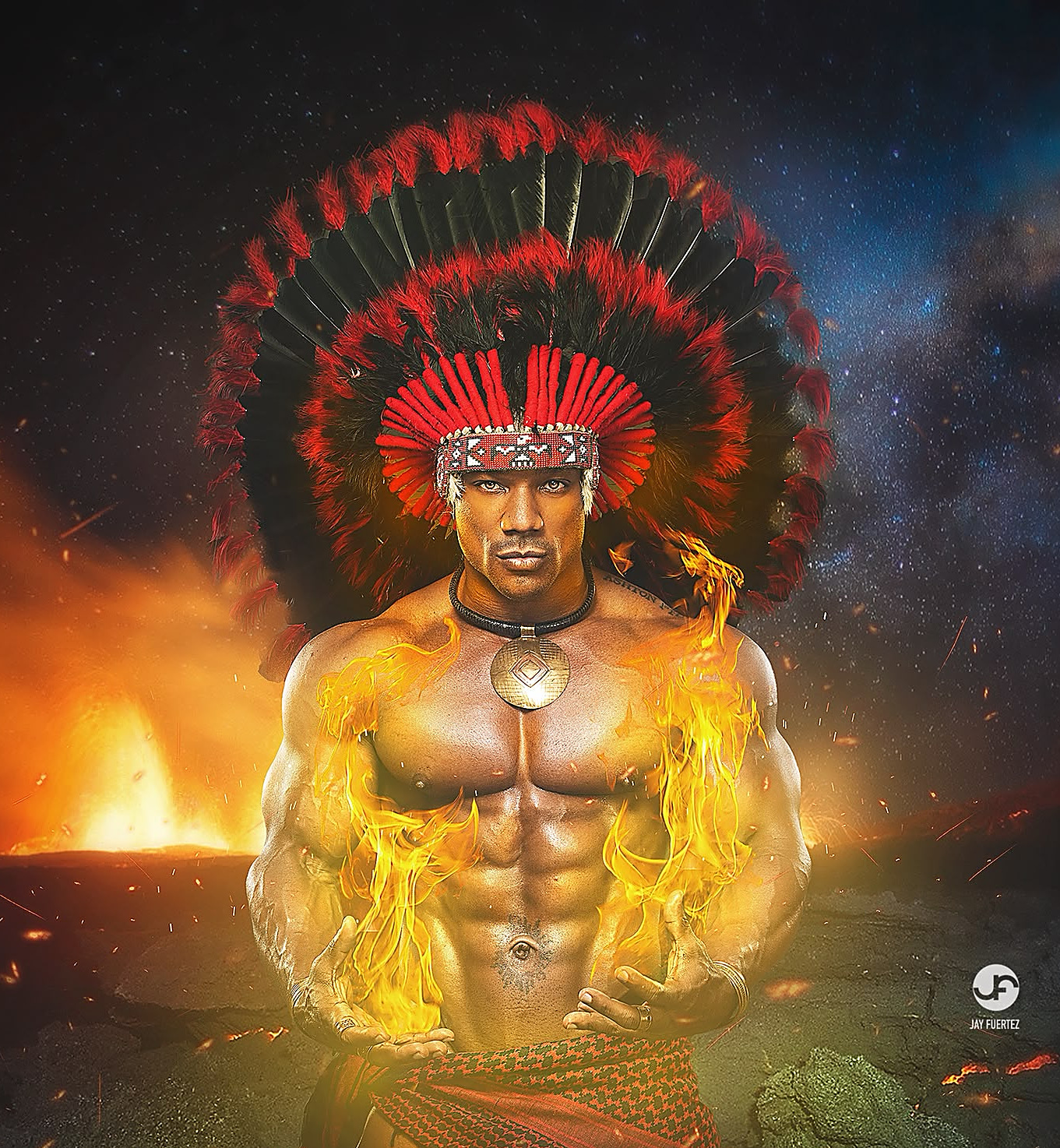 Texas Shyboy como Shado Wulf, tocado de plumas envuelto en fuego