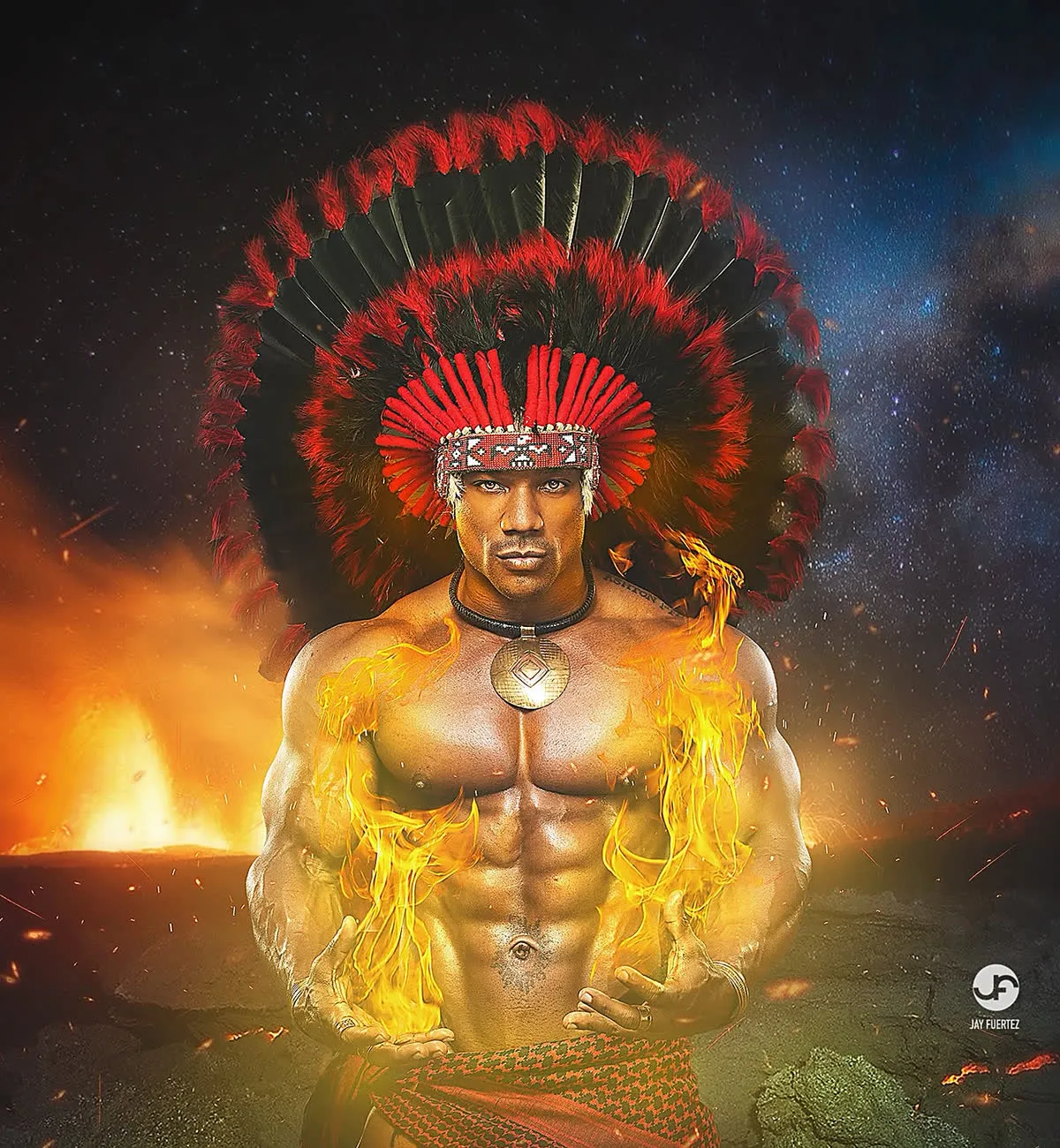Texas Shyboy as Shado Wulf, feathered headdress wrapped in fire