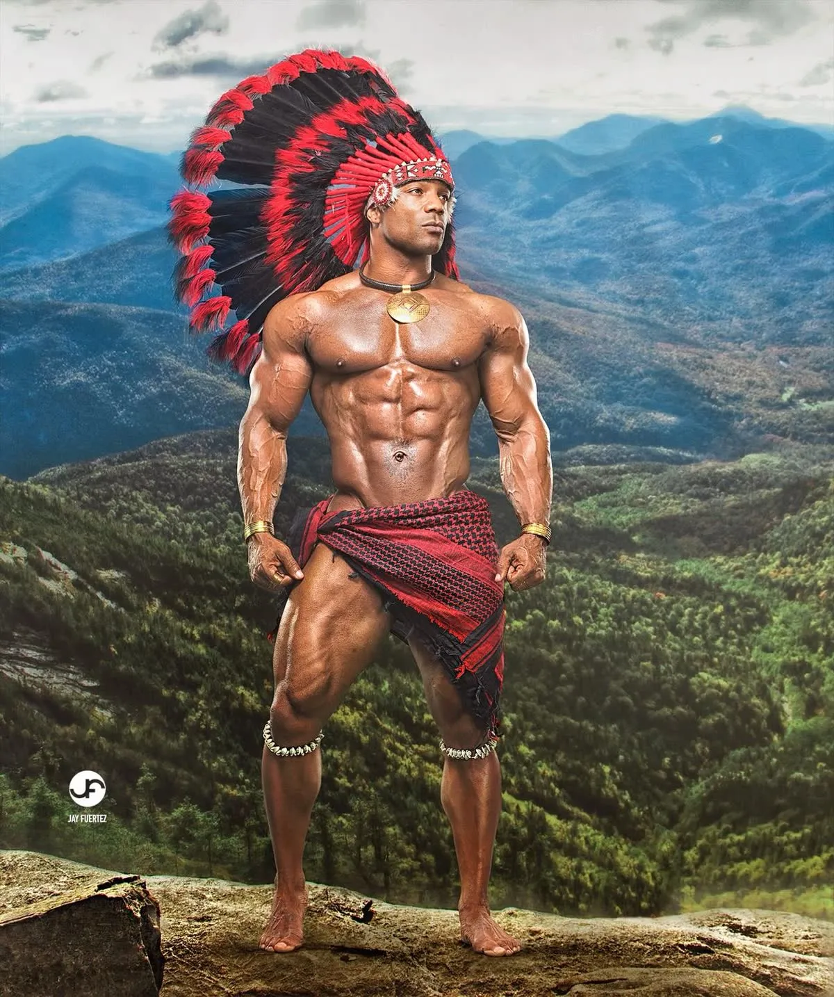 Texas Shyboy con tocado de plumas en una cresta de montaña