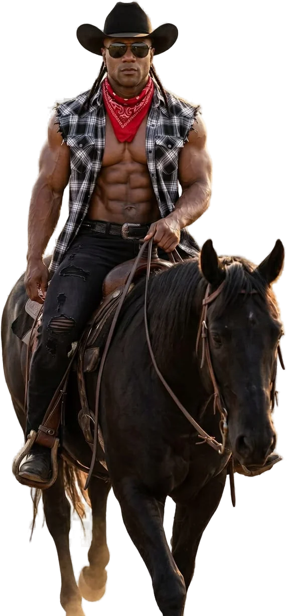 Texas Shyboy a caballo con sombrero vaquero y camisa de cuadros sin mangas